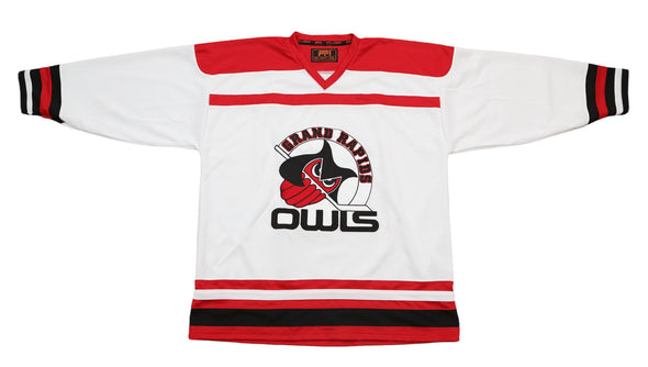 Grand Rapids Owls™ Modern White Jersey (BLANK - PRE-ORDER) with vintage hockey owl logo and red black striping design
