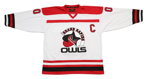 Grand Rapids Owls™ Modern White Jersey (CUSTOM - PRE-ORDER) with retro hockey logo and red black stripe design