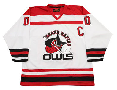 Grand Rapids Owls™ Modern White Jersey (CUSTOM - PRE-ORDER) with retro hockey logo and red black stripes design