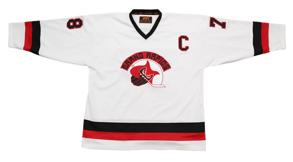 Grand Rapids Owls™ 1978-79 White Jersey (CUSTOM - PRE-ORDER) with vintage hockey logo and red black trim design