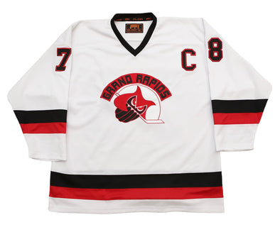 Grand Rapids Owls™ 1978-79 White Jersey (CUSTOM - PRE-ORDER) with retro hockey logo and red and black striping design