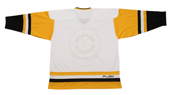 Baltimore Skipjacks 1982-83 White Jersey (BLANK) with retro hockey style and yellow and black sleeve accents on back panel