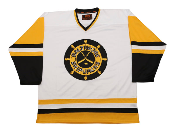 Baltimore Skipjacks 1982-83 White Jersey (BLANK) with vintage hockey wheel logo and black, gold striped sleeves design