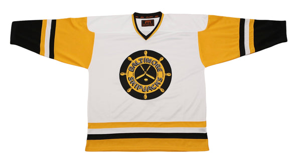 Baltimore Skipjacks 1982-83 White Jersey (BLANK) in vintage style with black and gold trim and retro hockey logo