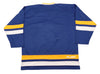 Minnesota Fighting Saints Jersey (BLANK) in blue with yellow and white stripes, vintage retro hockey style jersey back view