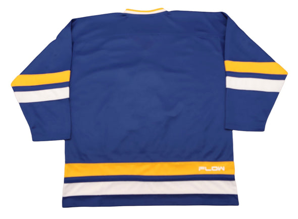 Minnesota Fighting Saints Jersey (BLANK) in blue with yellow and white stripes, vintage retro hockey style jersey back view