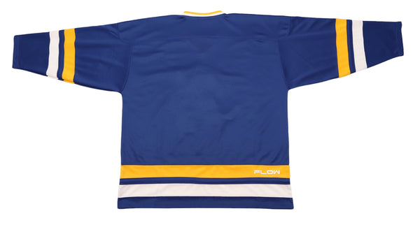 Minnesota Fighting Saints Jersey (BLANK) in blue with yellow and white stripes and retro vintage hockey style back view