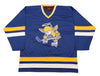 Minnesota Fighting Saints Jersey (BLANK) in blue with vintage hockey saint logo and retro striped sleeve design