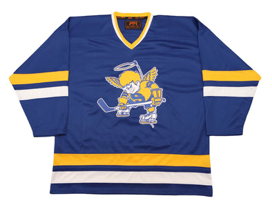 Minnesota Fighting Saints Jersey (BLANK) in blue with vintage hockey saint logo and retro striped sleeve design