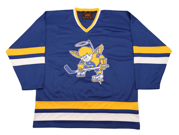 Minnesota Fighting Saints Jersey (BLANK) in blue with vintage hockey saint logo and retro striped sleeve design