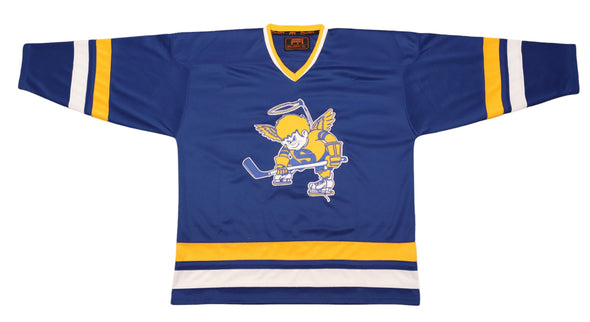 Minnesota Fighting Saints Jersey (BLANK) in blue with vintage saint logo and retro hockey style design