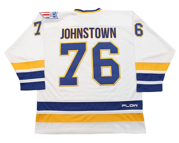 Johnstown Jets Mid-70s White Jersey (CUSTOM - PRE-ORDER) with retro style number 76 and yellow and blue striping design