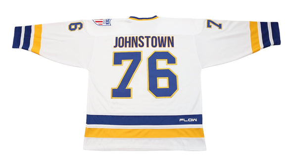 Johnstown Jets Mid-70s White Jersey (CUSTOM - PRE-ORDER) with vintage retro hockey style and blue and gold striping details