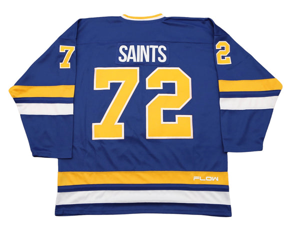 Minnesota Fighting Saints Jersey (CUSTOM - PRE-ORDER) in blue with vintage hockey style and yellow-white striping details on sleeves and hem