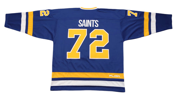 Minnesota Fighting Saints Jersey (CUSTOM - PRE-ORDER) in blue with yellow retro hockey numbers and vintage style design