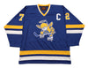 Minnesota Fighting Saints Jersey (CUSTOM - PRE-ORDER) in blue with retro vintage hockey angel logo and yellow striping design