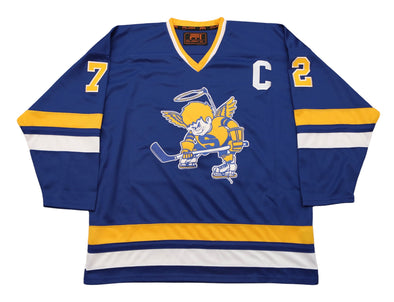 Minnesota Fighting Saints Jersey (CUSTOM - PRE-ORDER) in blue with retro vintage hockey angel logo and yellow striping design
