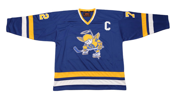 Minnesota Fighting Saints Jersey (CUSTOM - PRE-ORDER) in blue with vintage hockey logo and retro team captain design