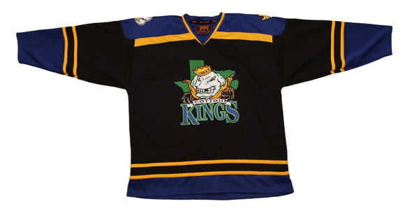 Lubbock Cotton Kings Jersey (BLANK) in black with blue and yellow stripes and vintage hockey logo on front panel