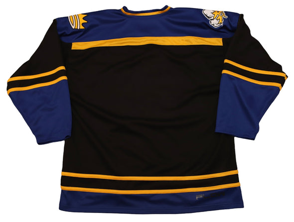 Lubbock Cotton Kings Jersey (BLANK) in black and blue with yellow stripes and vintage hockey team logo on shoulders
