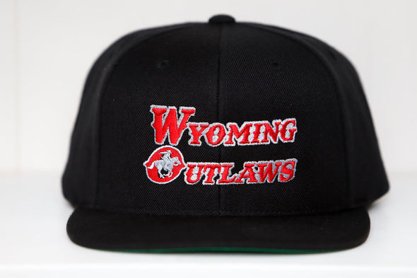 Wyoming Outlaws Hat (Snapback) in black with vintage red and white embroidered team logo on front panel
