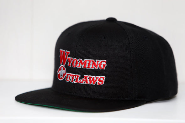 Wyoming Outlaws Hat (Snapback) in black with red and white vintage hockey team logo embroidered on front panel