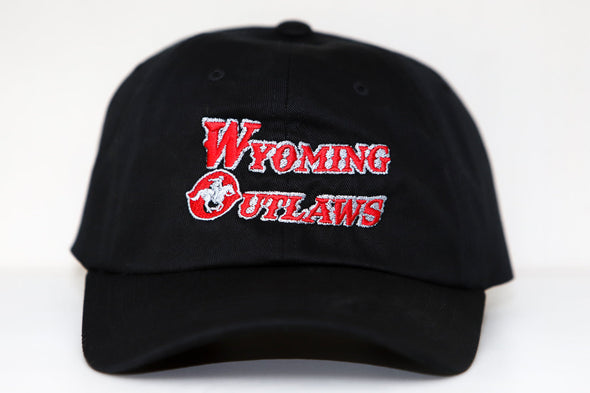 Wyoming Outlaws Hat in black with vintage red and white embroidered logo featuring a cowboy rider on front panel