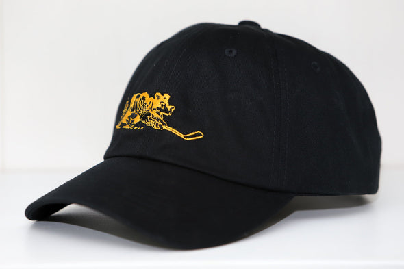 Cape Cod Cubs Hat in black with vintage yellow bear hockey logo embroidered on front panel